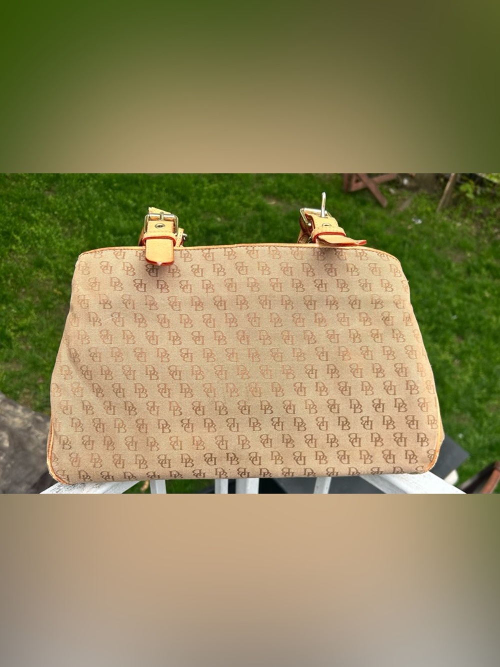 Dooney & Bourke DB Monogram Canvas Tote Shoulder Bag Brown Tan Leather Trim